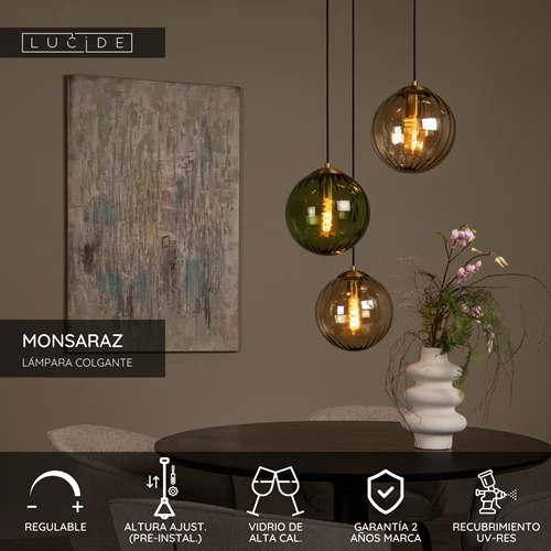 Lucide MONSARAZ - Lámpara colgante - Ø 35 cm - 3xE27 - Verde - USP